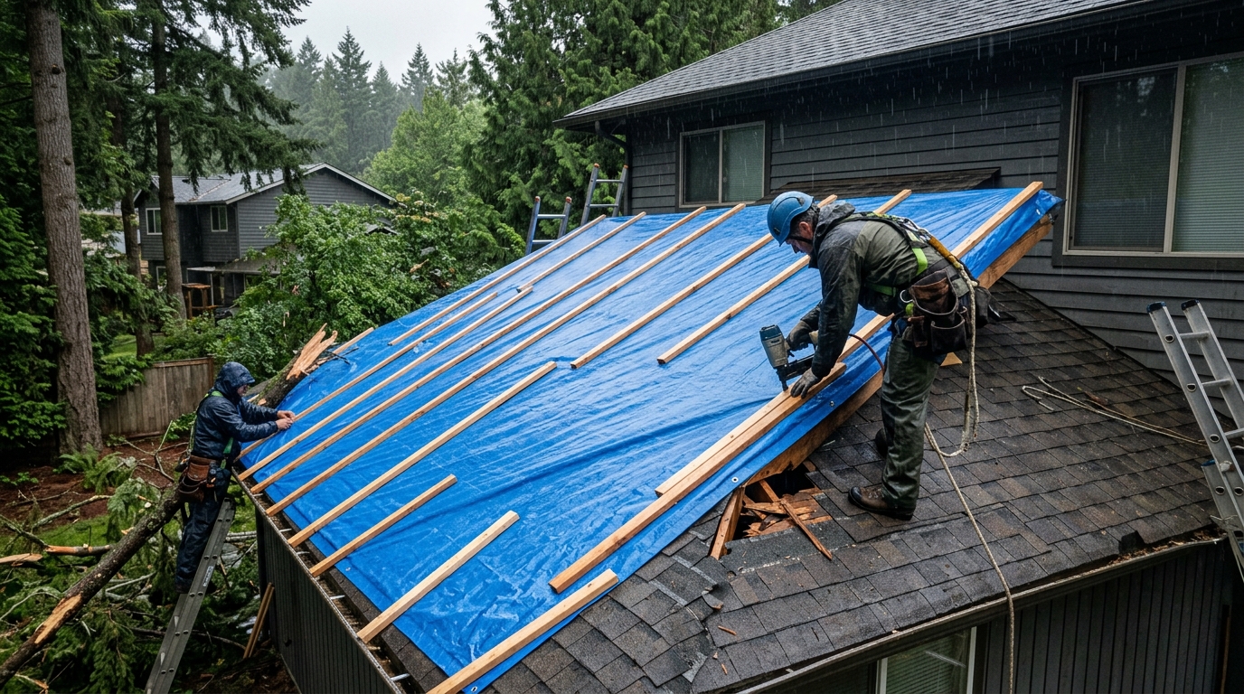 Emergency roof tarp installation and roof repair timeline Burien WA