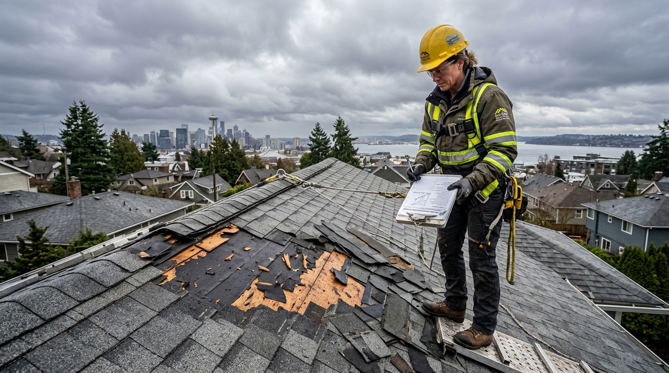Roof technician inspecting wind damage and shingle loss