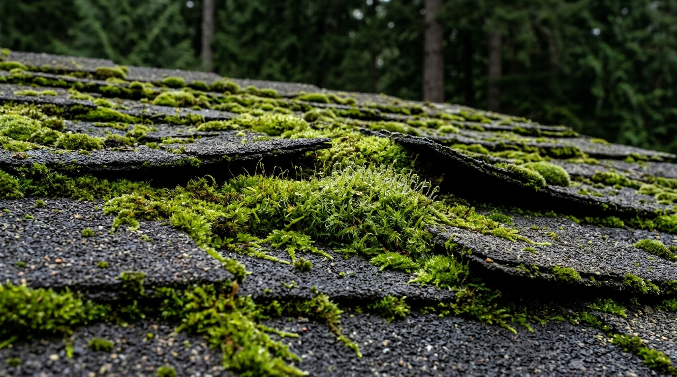 Roof moss growing on asphalt shingles
